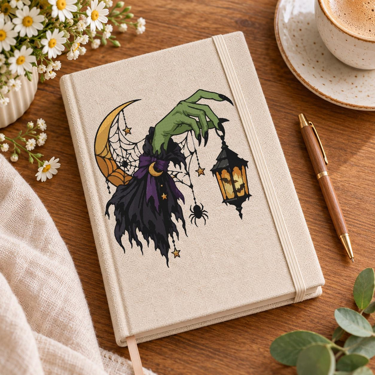 Halloween Witch Hand Lantern Machine Embroidery Design, Gothic Crescent Moon Spider Web, Spooky Witch PES DST JEF Digital Download - NuttyHappyHobby