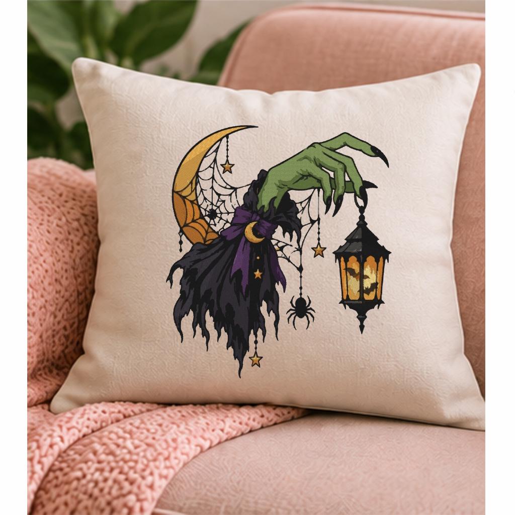 Halloween Witch Hand Lantern Machine Embroidery Design, Gothic Crescent Moon Spider Web, Spooky Witch PES DST JEF Digital Download - NuttyHappyHobby