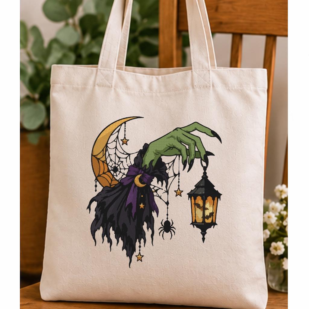 Halloween Witch Hand Lantern Machine Embroidery Design, Gothic Crescent Moon Spider Web, Spooky Witch PES DST JEF Digital Download - NuttyHappyHobby