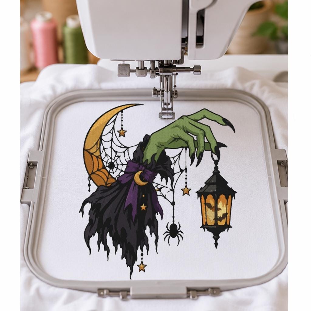 Halloween Witch Hand Lantern Machine Embroidery Design, Gothic Crescent Moon Spider Web, Spooky Witch PES DST JEF Digital Download - NuttyHappyHobby
