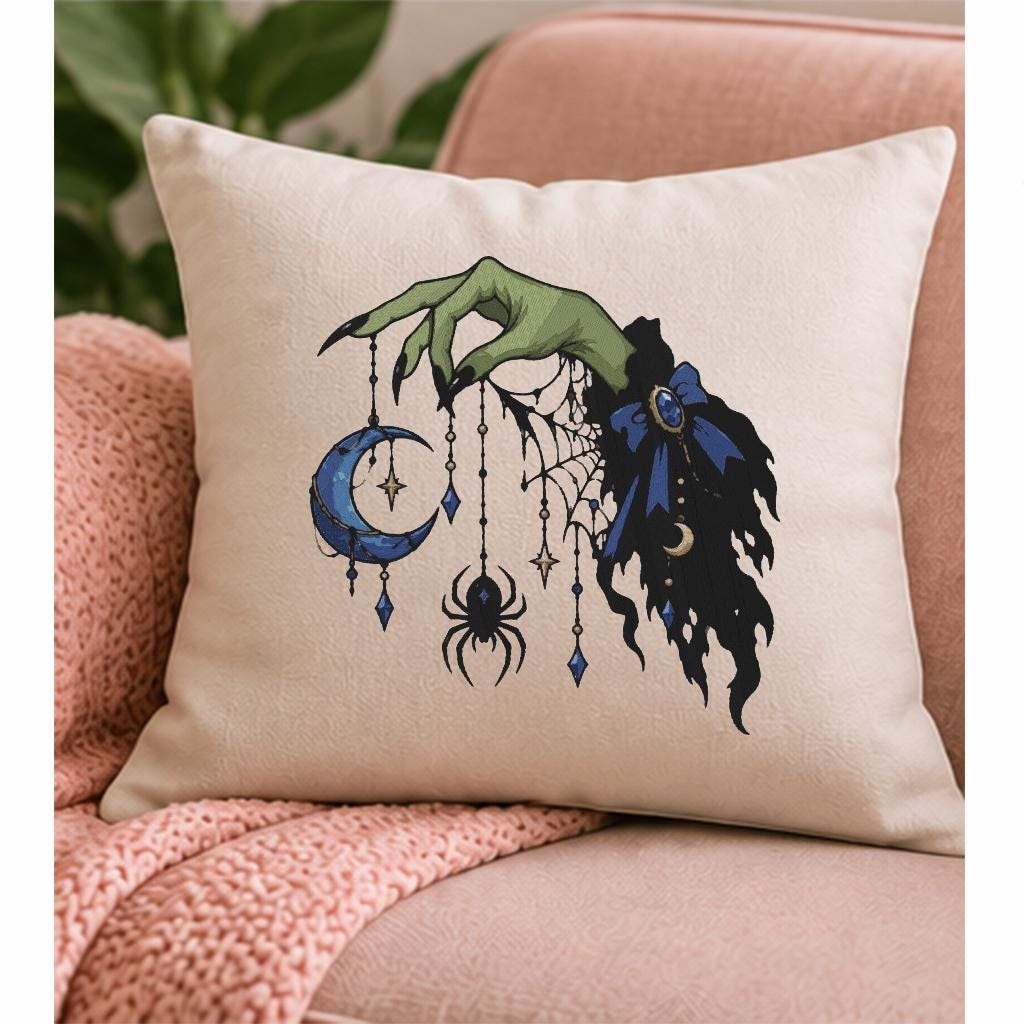 Halloween Witch Hand Machine Embroidery Design, Blue Crescent Moon Spider Web, Gothic Witch Embroidery PES DST JEF, Instant Download - NuttyHappyHobby