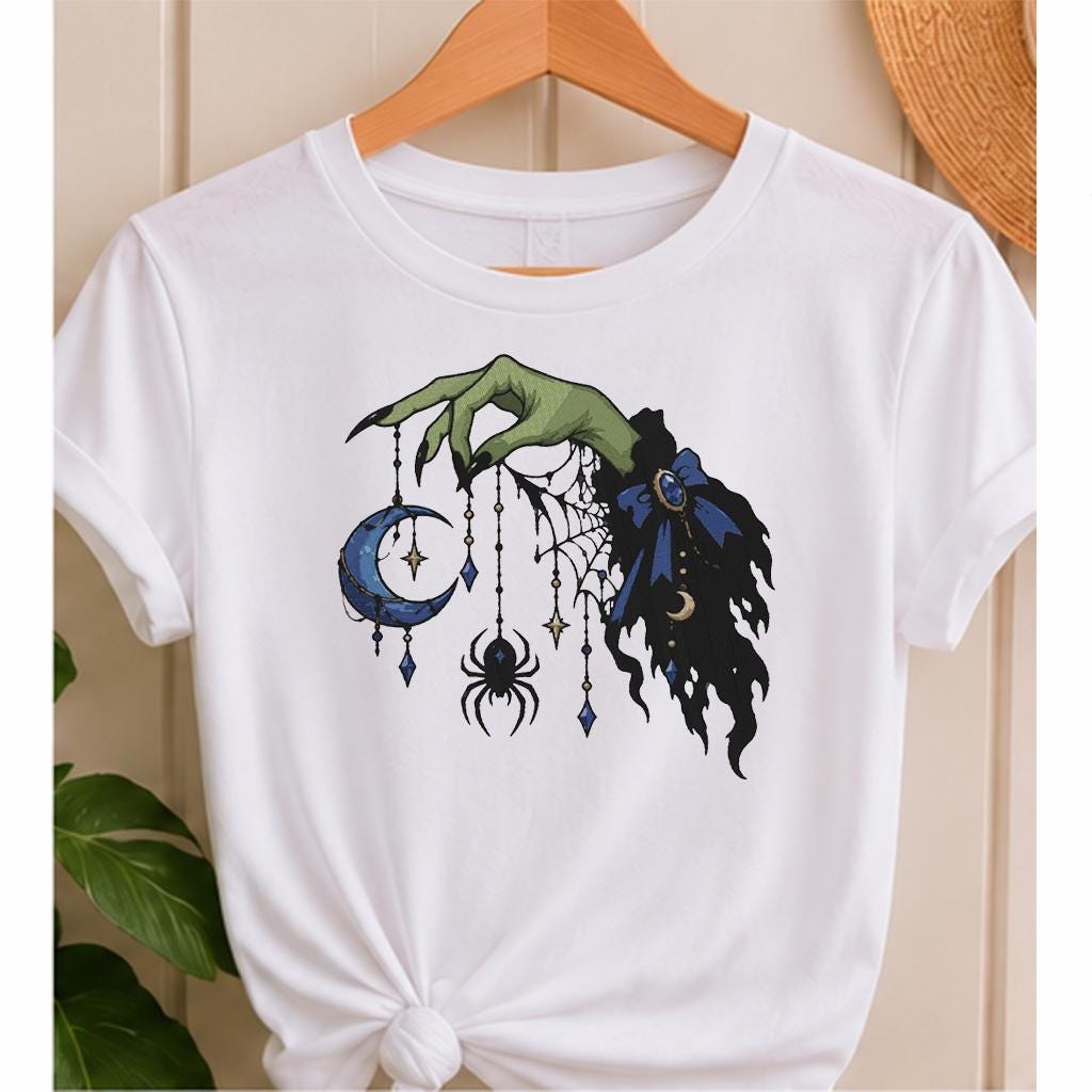 Halloween Witch Hand Machine Embroidery Design, Blue Crescent Moon Spider Web, Gothic Witch Embroidery PES DST JEF, Instant Download - NuttyHappyHobby