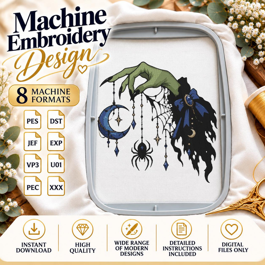 Halloween Witch Hand Machine Embroidery Design, Blue Crescent Moon Spider Web, Gothic Witch Embroidery PES DST JEF, Instant Download - NuttyHappyHobby