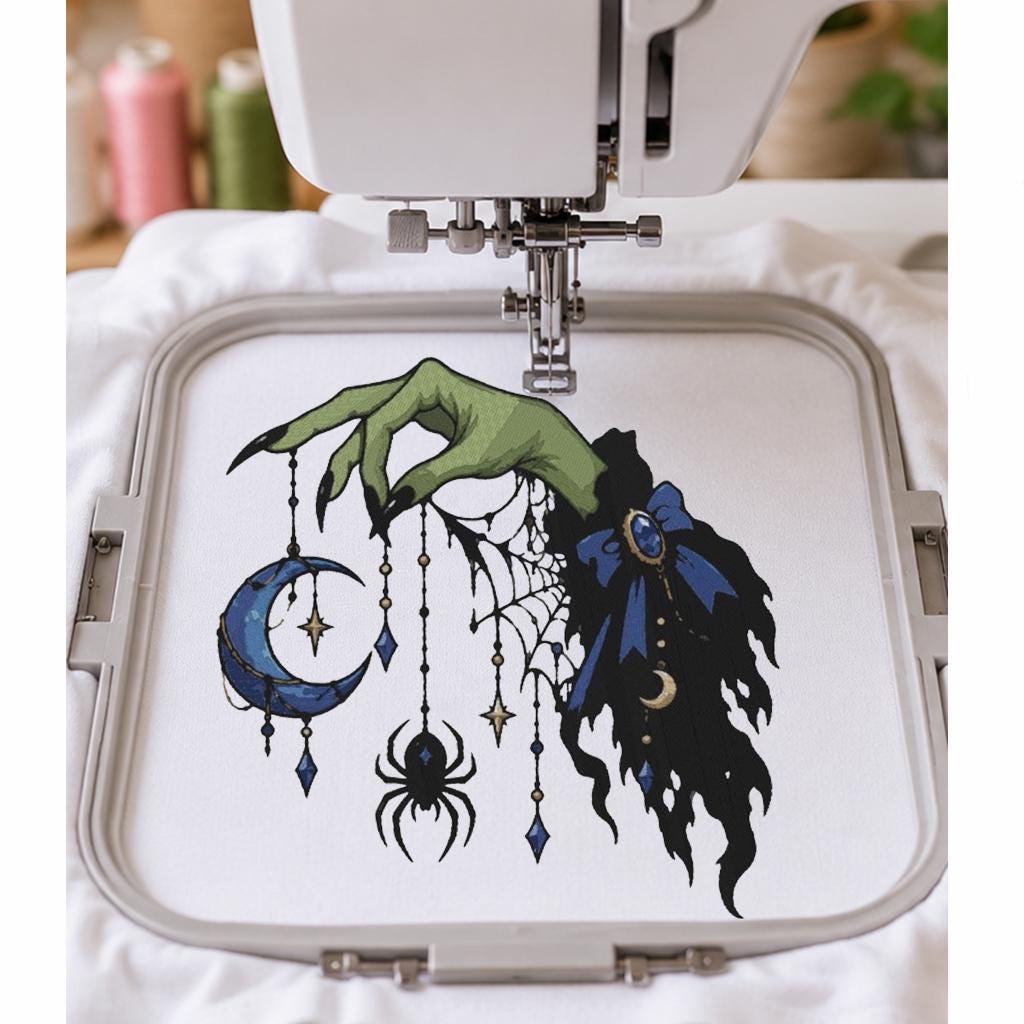 Halloween Witch Hand Machine Embroidery Design, Blue Crescent Moon Spider Web, Gothic Witch Embroidery PES DST JEF, Instant Download - NuttyHappyHobby