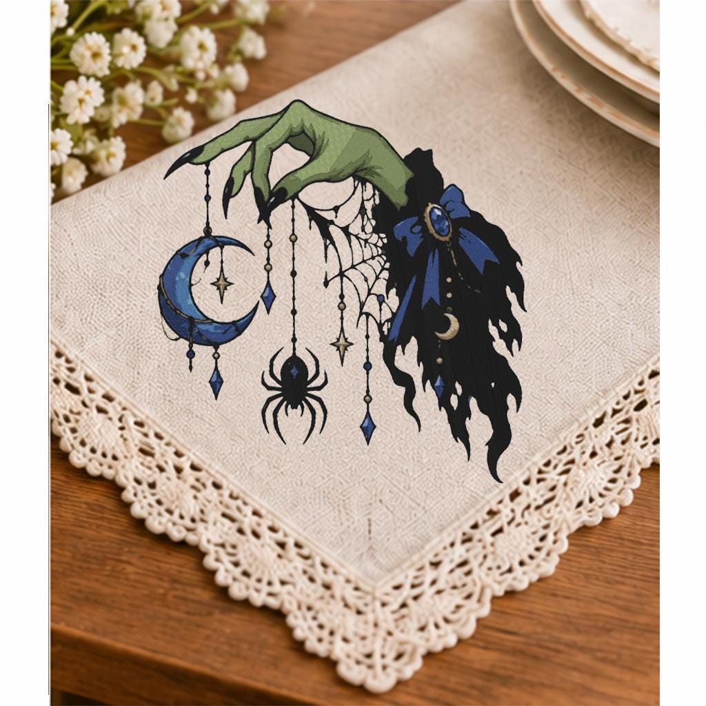 Halloween Witch Hand Machine Embroidery Design, Blue Crescent Moon Spider Web, Gothic Witch Embroidery PES DST JEF, Instant Download - NuttyHappyHobby