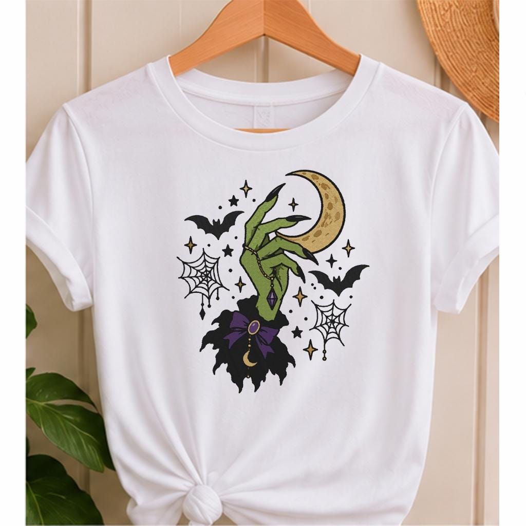 Halloween Witch Hand Machine Embroidery Design, Crescent Moon Bats Spider Web, Gothic Witch Embroidery File, PES DST JEF, Digital Download - NuttyHappyHobby