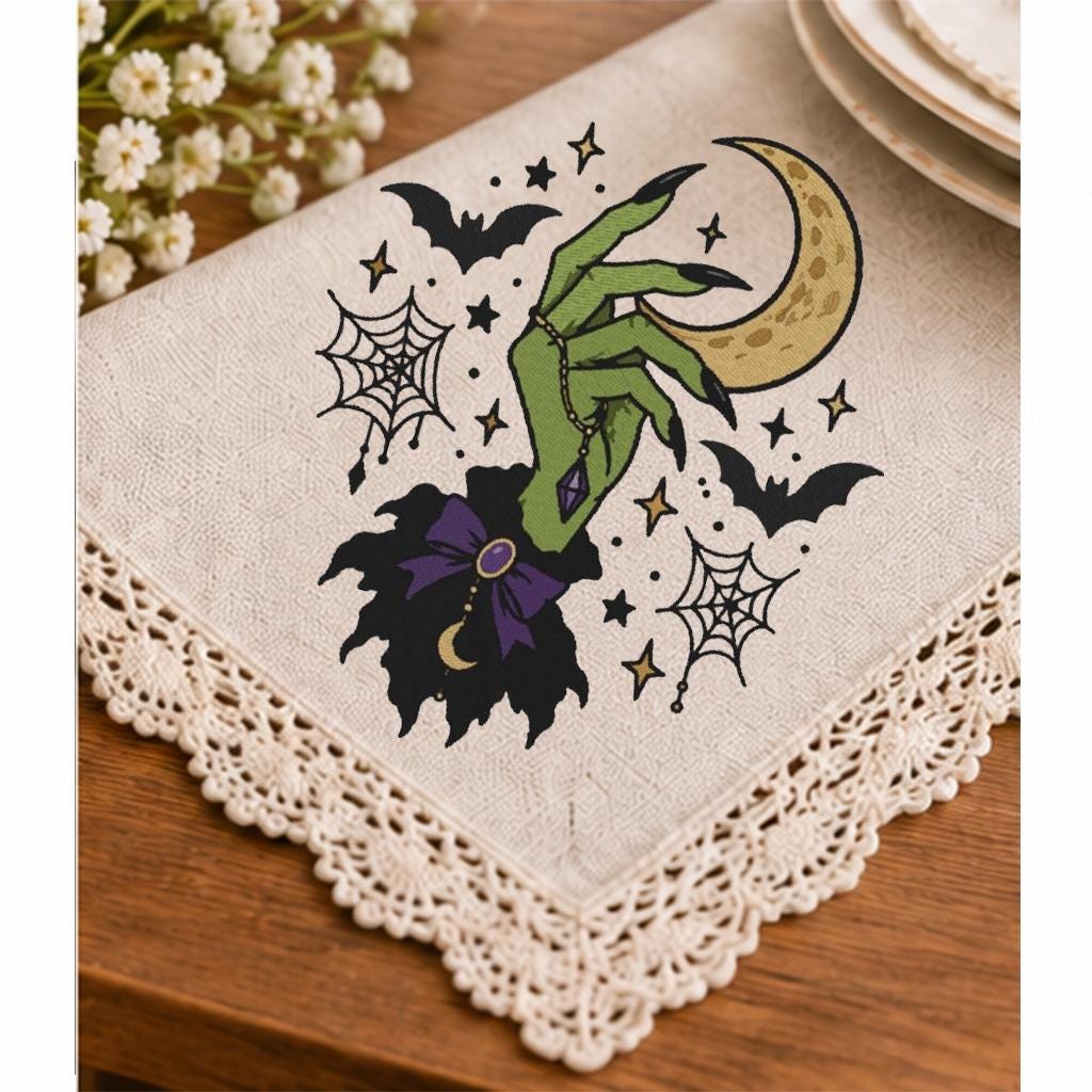 Halloween Witch Hand Machine Embroidery Design, Crescent Moon Bats Spider Web, Gothic Witch Embroidery File, PES DST JEF, Digital Download - NuttyHappyHobby