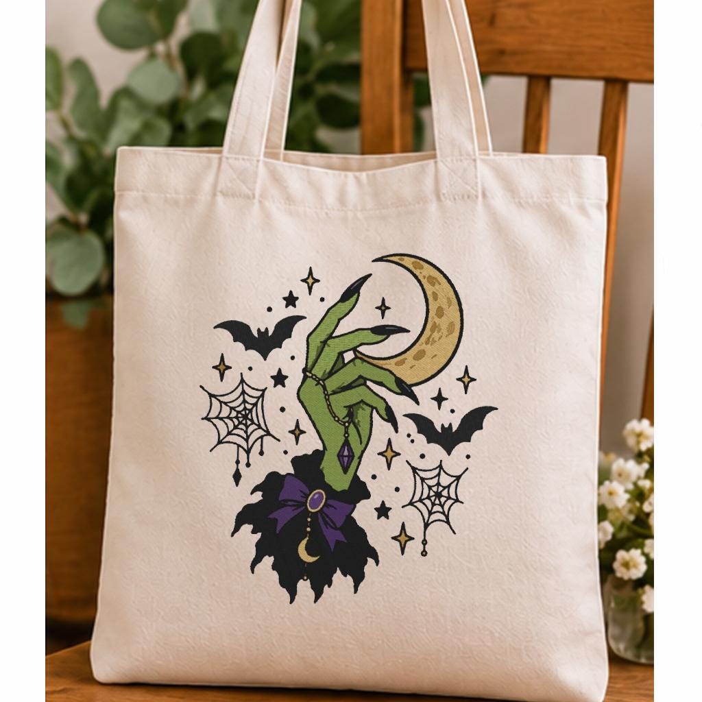 Halloween Witch Hand Machine Embroidery Design, Crescent Moon Bats Spider Web, Gothic Witch Embroidery File, PES DST JEF, Digital Download - NuttyHappyHobby