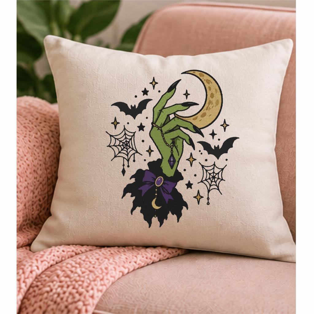 Halloween Witch Hand Machine Embroidery Design, Crescent Moon Bats Spider Web, Gothic Witch Embroidery File, PES DST JEF, Digital Download - NuttyHappyHobby