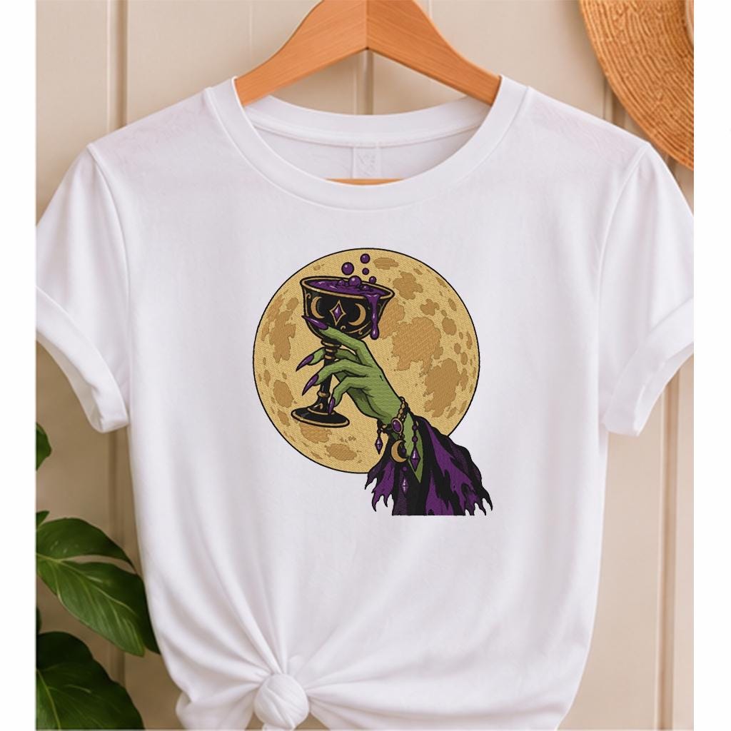 Halloween Witch Hand Machine Embroidery Design, Magic Potion Goblet Full Moon, Gothic Witch PES DST JEF, Instant Digital Download - NuttyHappyHobby