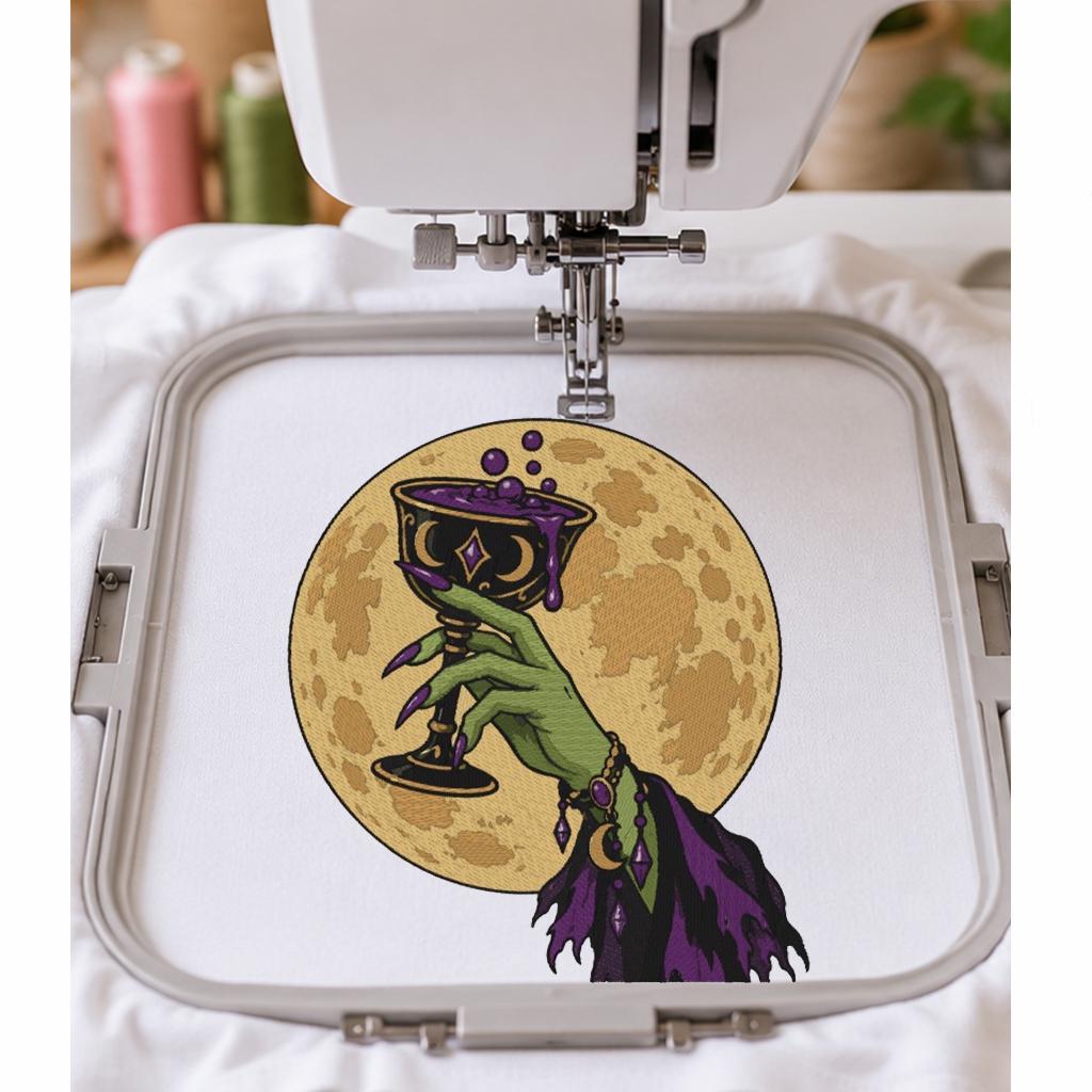 Halloween Witch Hand Machine Embroidery Design, Magic Potion Goblet Full Moon, Gothic Witch PES DST JEF, Instant Digital Download - NuttyHappyHobby