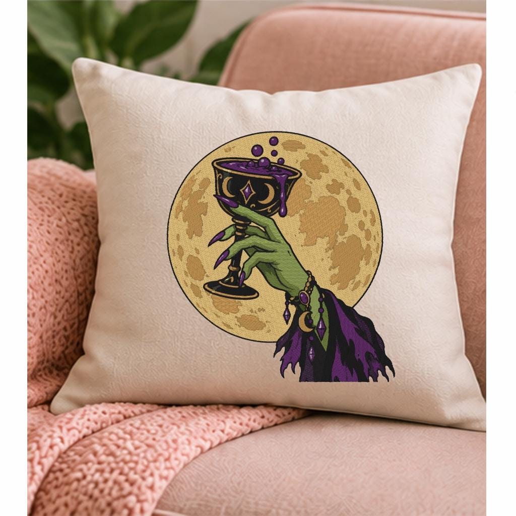 Halloween Witch Hand Machine Embroidery Design, Magic Potion Goblet Full Moon, Gothic Witch PES DST JEF, Instant Digital Download - NuttyHappyHobby