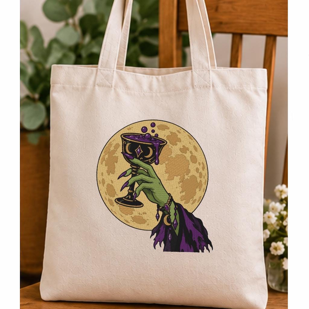 Halloween Witch Hand Machine Embroidery Design, Magic Potion Goblet Full Moon, Gothic Witch PES DST JEF, Instant Digital Download - NuttyHappyHobby