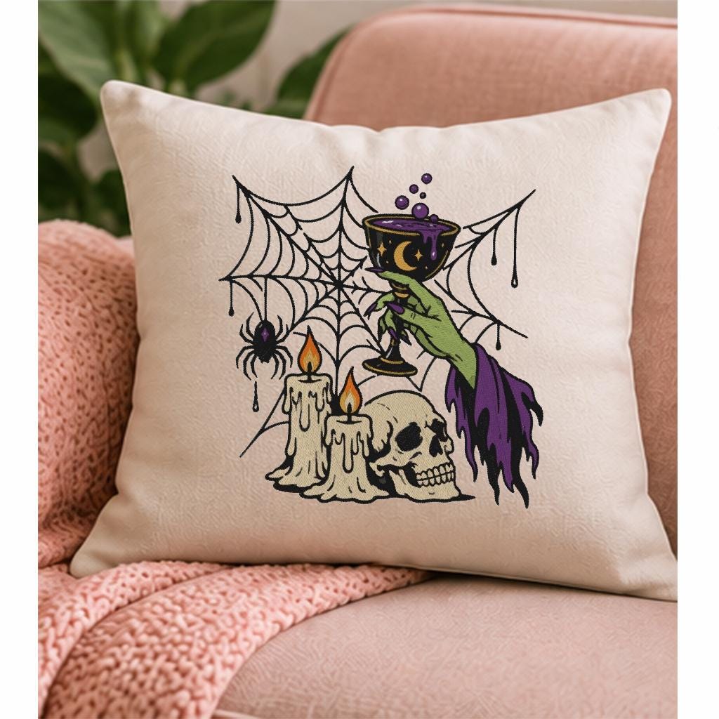 Halloween Witch Hand Machine Embroidery Design, Potion Goblet Skull Candles Spider Web, Gothic Witch PES DST JEF Instant Download - NuttyHappyHobby