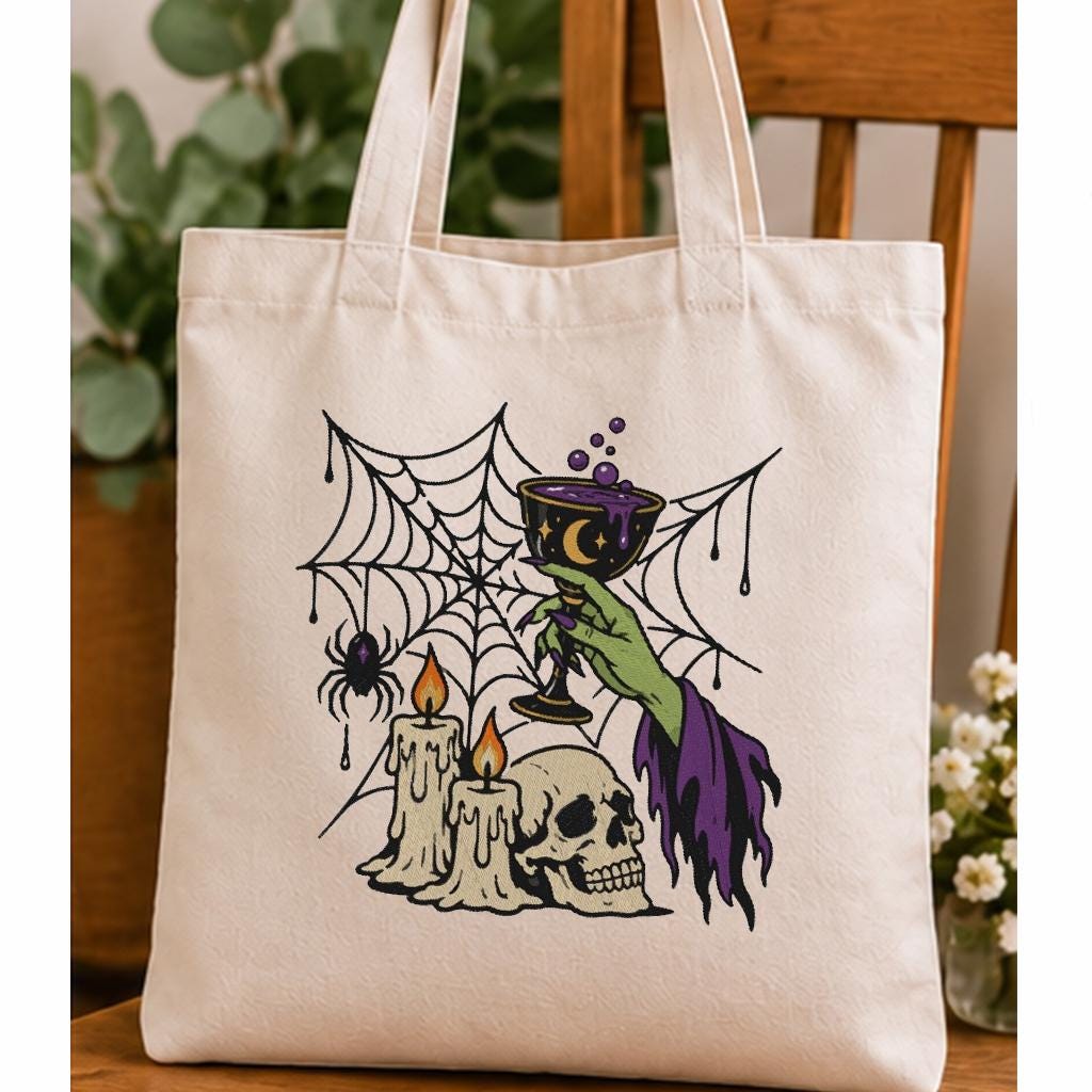 Halloween Witch Hand Machine Embroidery Design, Potion Goblet Skull Candles Spider Web, Gothic Witch PES DST JEF Instant Download - NuttyHappyHobby