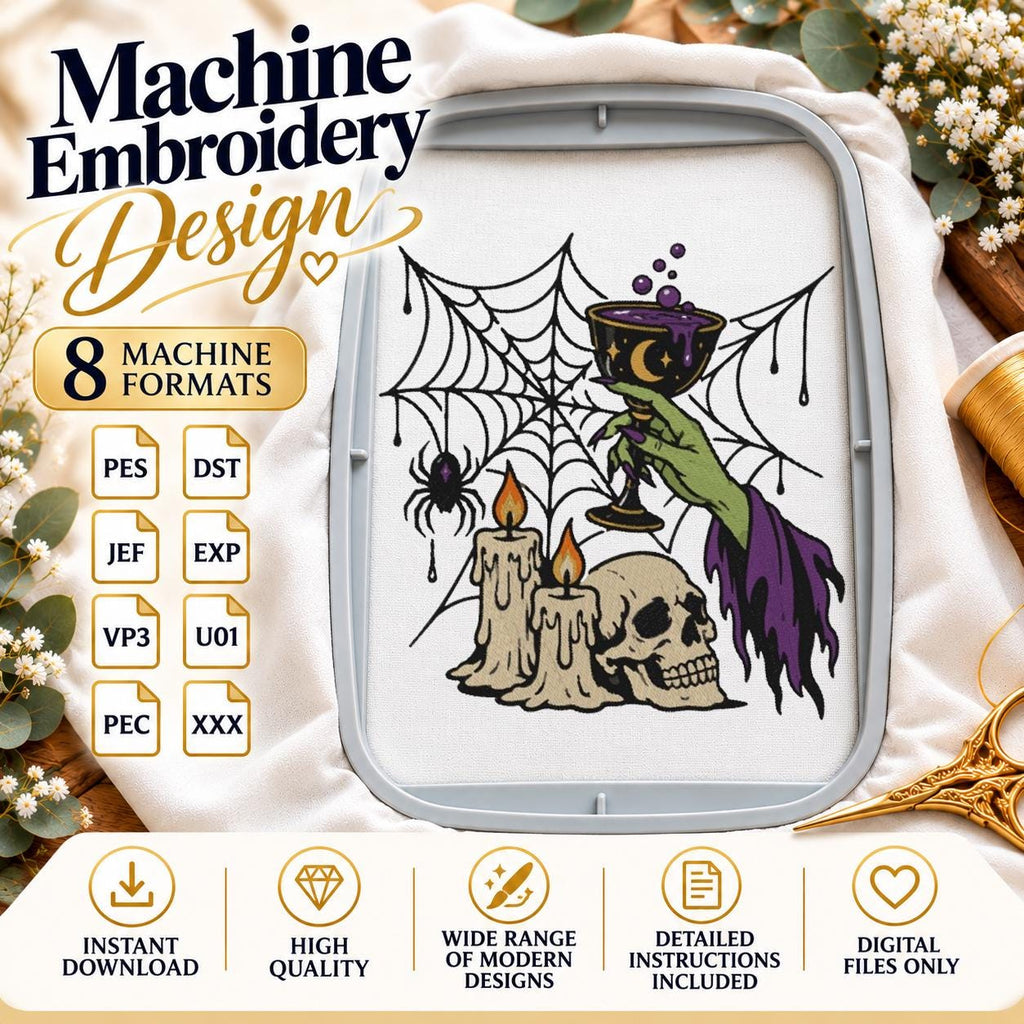 Halloween Witch Hand Machine Embroidery Design, Potion Goblet Skull Candles Spider Web, Gothic Witch PES DST JEF Instant Download - NuttyHappyHobby
