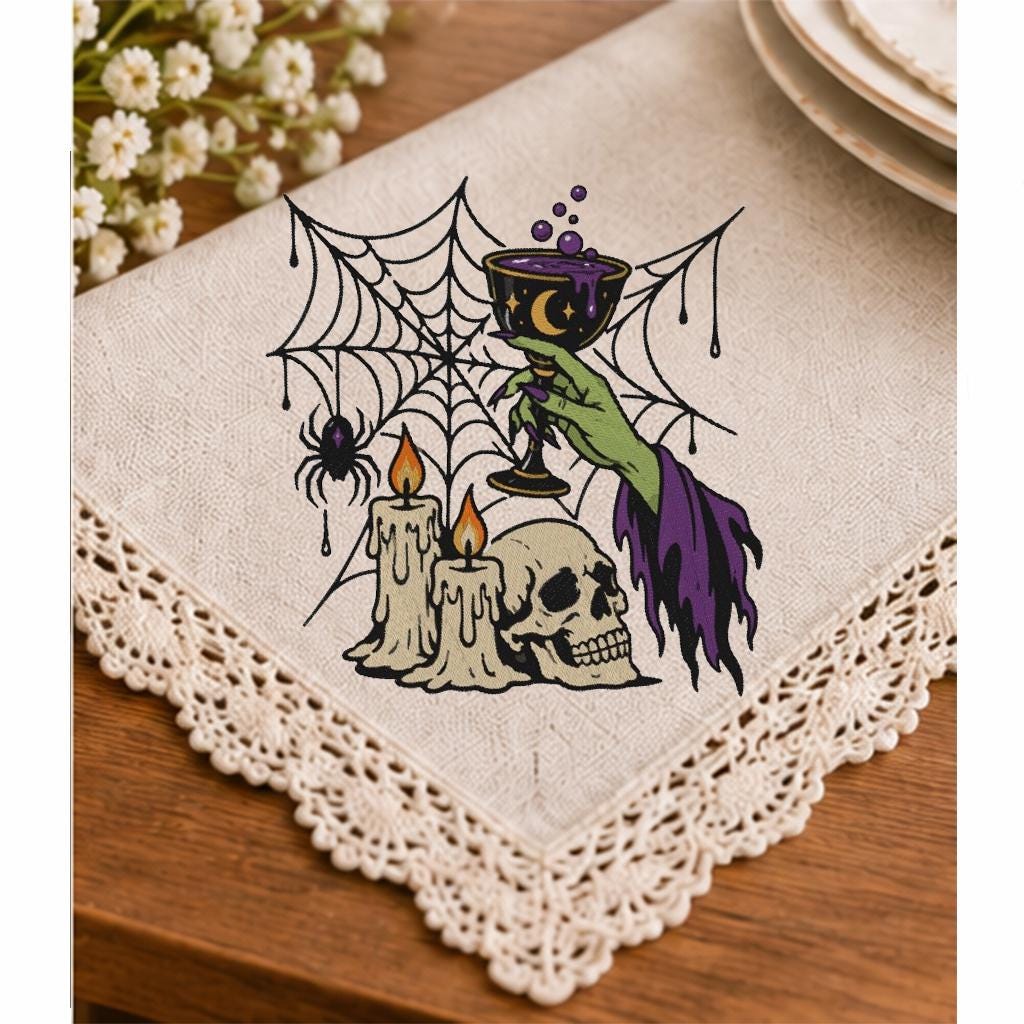 Halloween Witch Hand Machine Embroidery Design, Potion Goblet Skull Candles Spider Web, Gothic Witch PES DST JEF Instant Download - NuttyHappyHobby