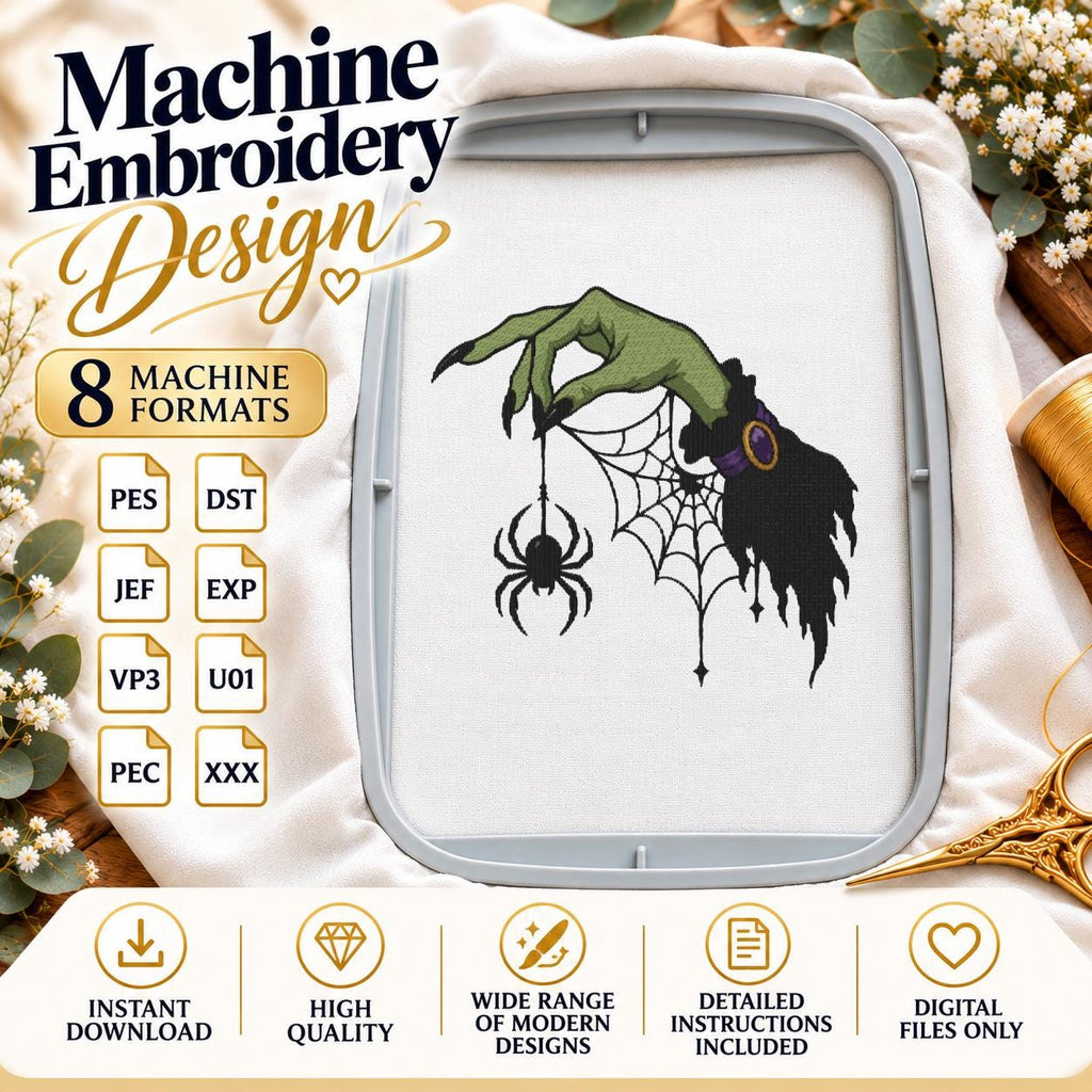 Halloween Witch Hand Spider Web Machine Embroidery Design, Spooky Gothic Embroidery File, PES DST JEF, Instant Download - NuttyHappyHobby