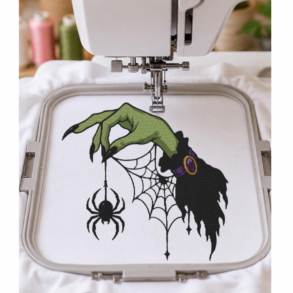 Halloween Witch Hand Spider Web Machine Embroidery Design, Spooky Gothic Embroidery File, PES DST JEF, Instant Download - NuttyHappyHobby