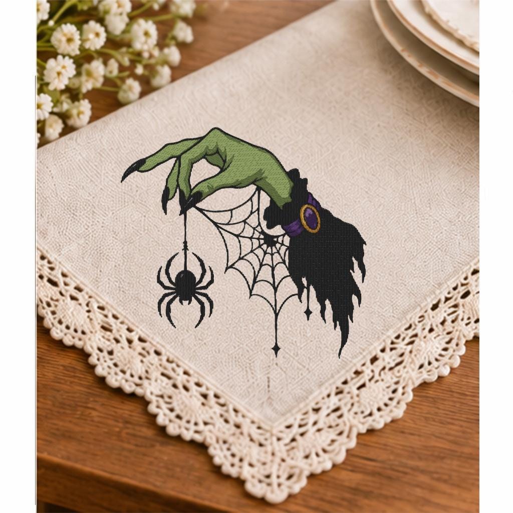 Halloween Witch Hand Spider Web Machine Embroidery Design, Spooky Gothic Embroidery File, PES DST JEF, Instant Download - NuttyHappyHobby