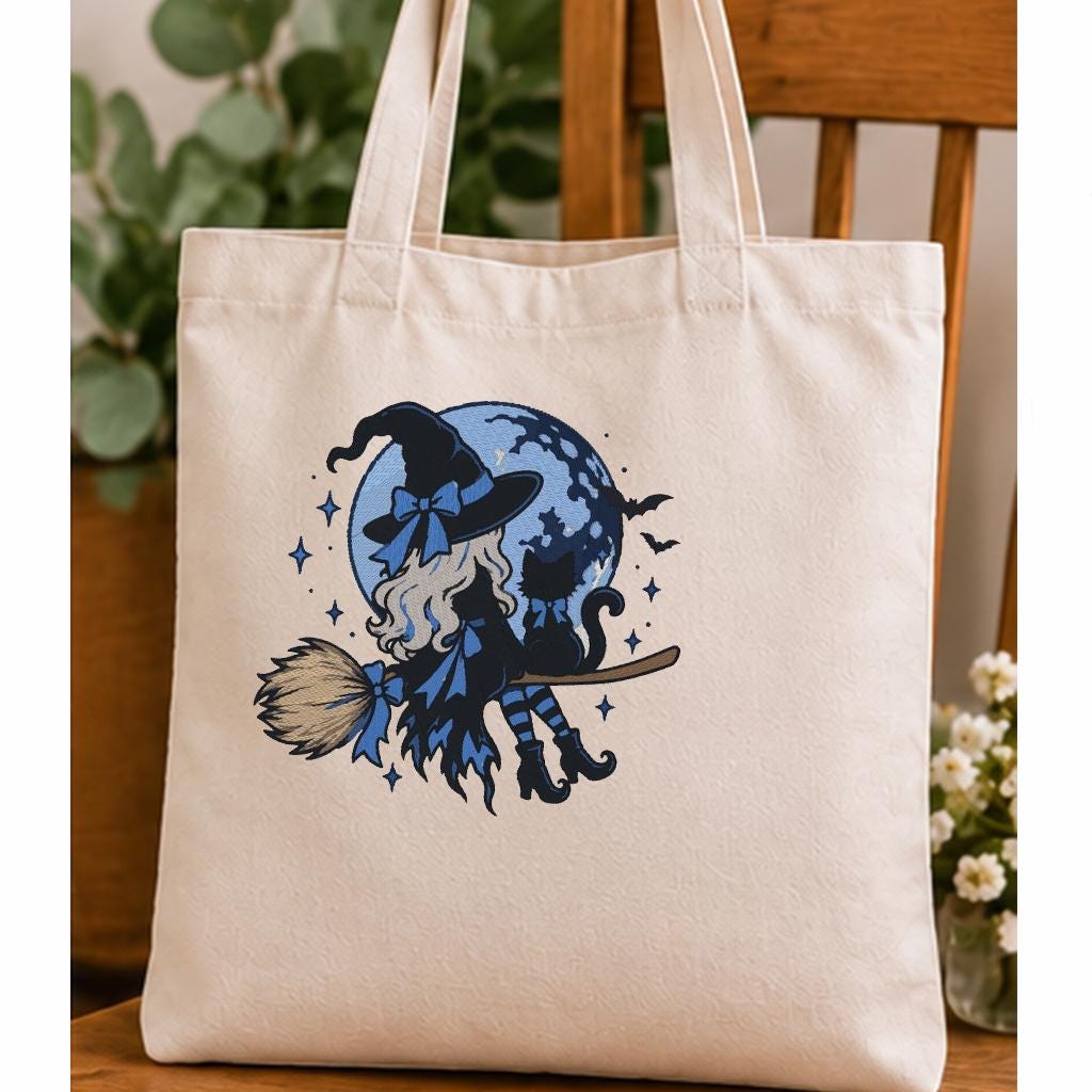 Halloween Witch on Broom Machine Embroidery Design, Black Cat Blue Moon Witch Embroidery File, PES DST JEF, Instant Download - NuttyHappyHobby