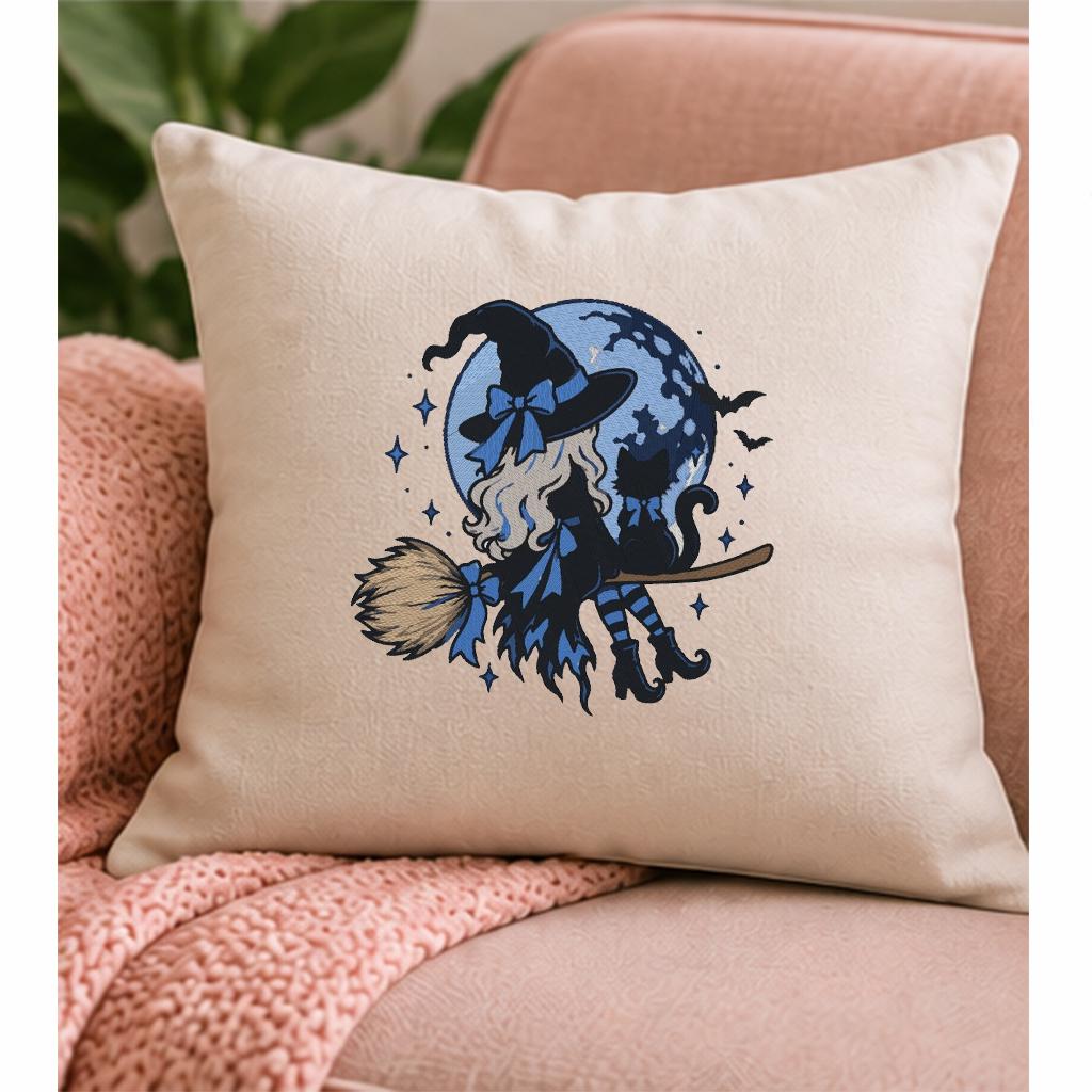 Halloween Witch on Broom Machine Embroidery Design, Black Cat Blue Moon Witch Embroidery File, PES DST JEF, Instant Download - NuttyHappyHobby