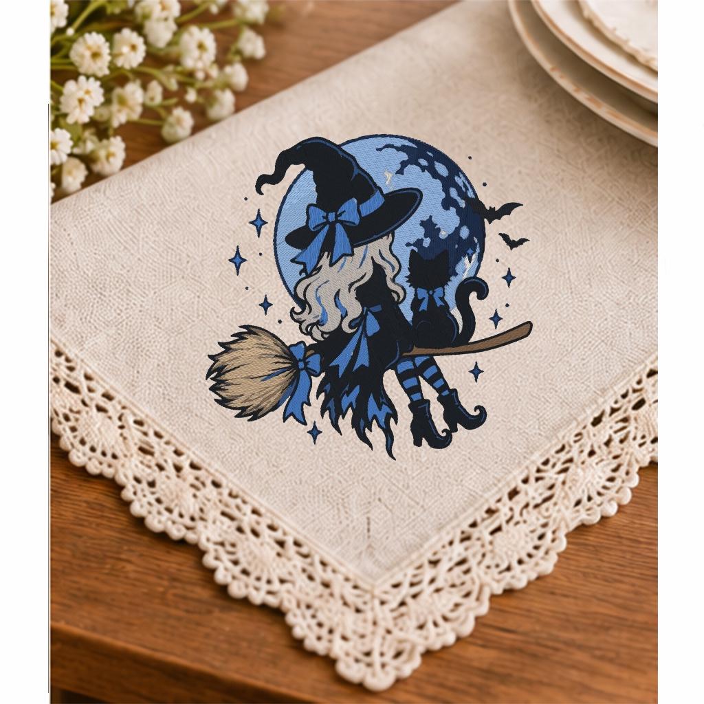 Halloween Witch on Broom Machine Embroidery Design, Black Cat Blue Moon Witch Embroidery File, PES DST JEF, Instant Download - NuttyHappyHobby