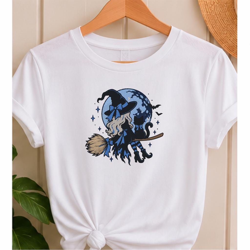 Halloween Witch on Broom Machine Embroidery Design, Black Cat Blue Moon Witch Embroidery File, PES DST JEF, Instant Download - NuttyHappyHobby
