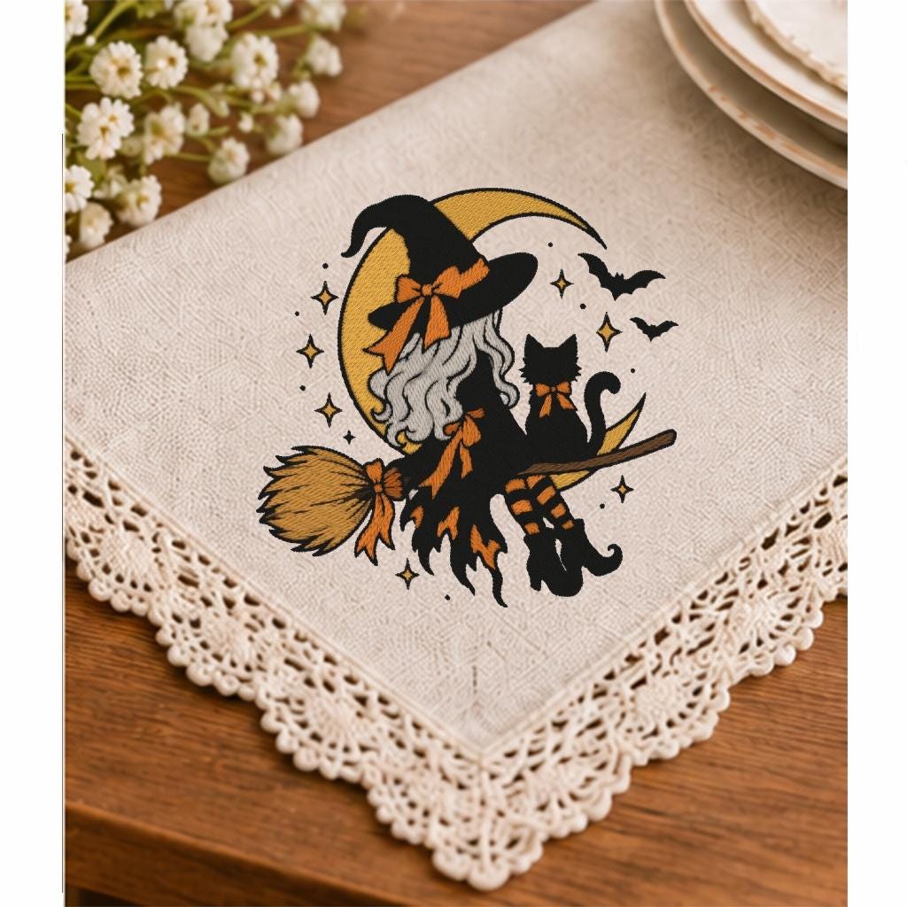 Halloween Witch on Broom Machine Embroidery Design, Black Cat Crescent Moon, Gothic Witch PES DST JEF Embroidery File, Instant Download - NuttyHappyHobby