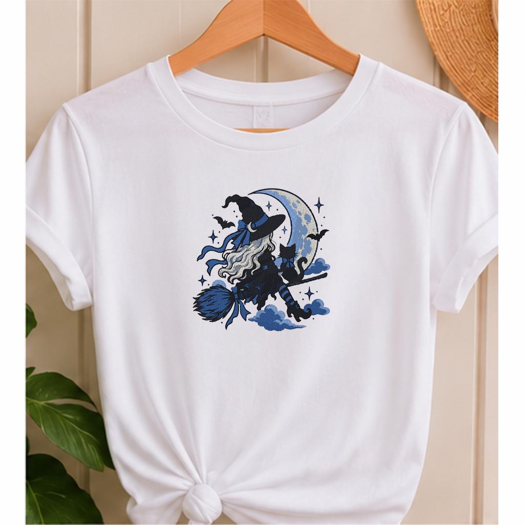 Halloween Witch on Broom Machine Embroidery Design, Blue Crescent Moon Black Cat, Gothic Witch PES DST JEF, Instant Download - NuttyHappyHobby