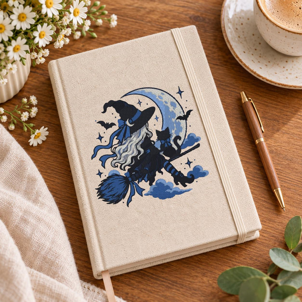 Halloween Witch on Broom Machine Embroidery Design, Blue Crescent Moon Black Cat, Gothic Witch PES DST JEF, Instant Download - NuttyHappyHobby