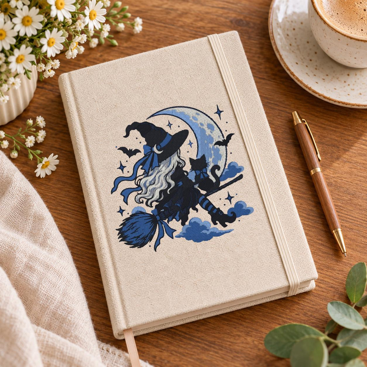Halloween Witch on Broom Machine Embroidery Design, Blue Crescent Moon Black Cat, Gothic Witch PES DST JEF, Instant Download - NuttyHappyHobby