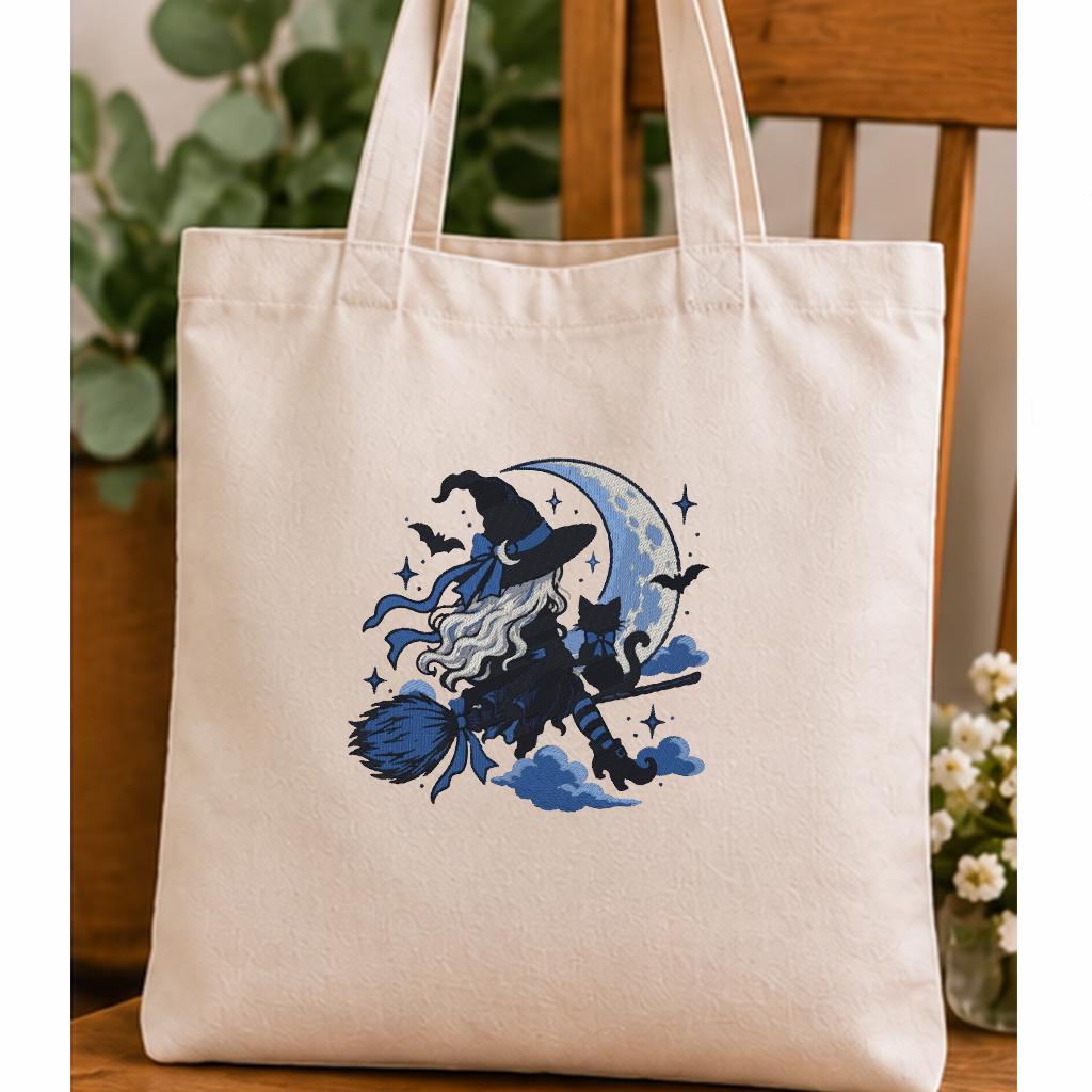 Halloween Witch on Broom Machine Embroidery Design, Blue Crescent Moon Black Cat, Gothic Witch PES DST JEF, Instant Download - NuttyHappyHobby