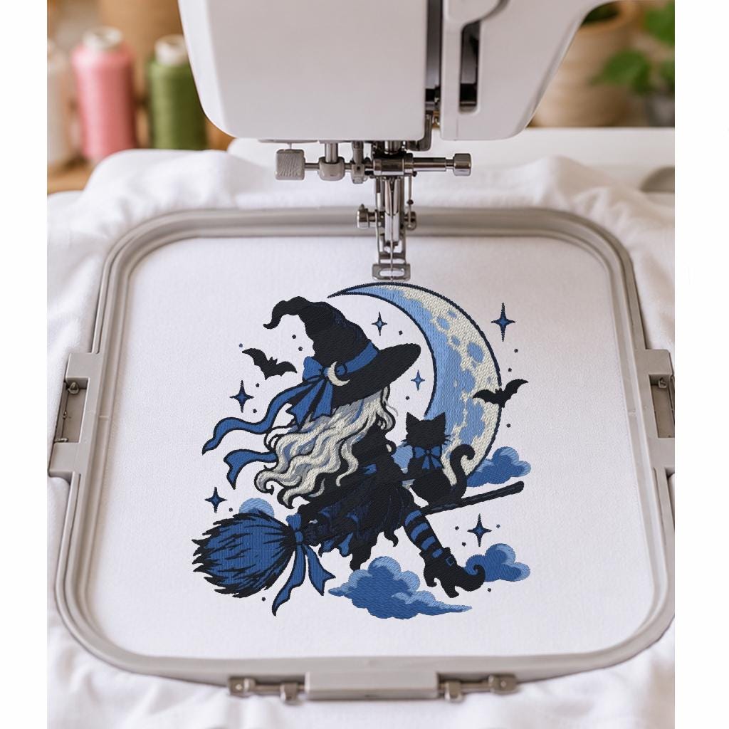Halloween Witch on Broom Machine Embroidery Design, Blue Crescent Moon Black Cat, Gothic Witch PES DST JEF, Instant Download - NuttyHappyHobby