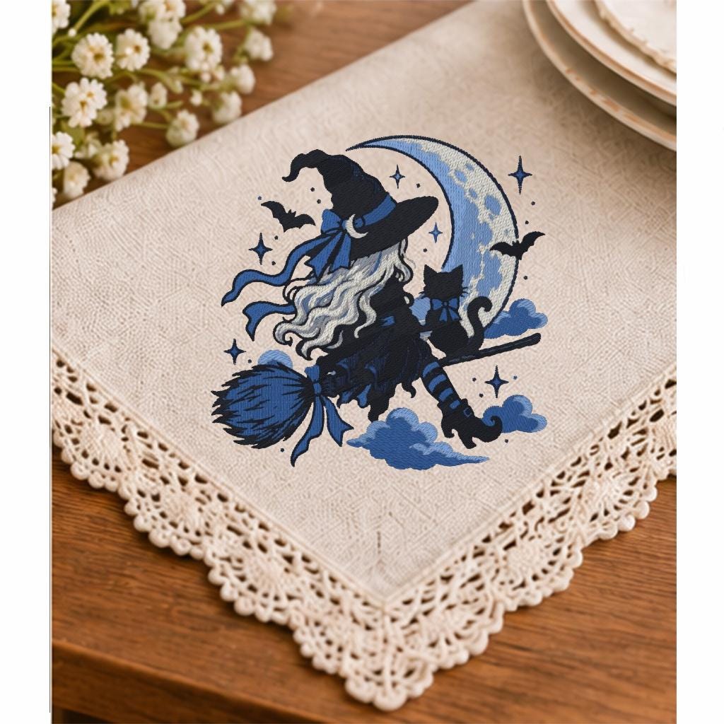 Halloween Witch on Broom Machine Embroidery Design, Blue Crescent Moon Black Cat, Gothic Witch PES DST JEF, Instant Download - NuttyHappyHobby