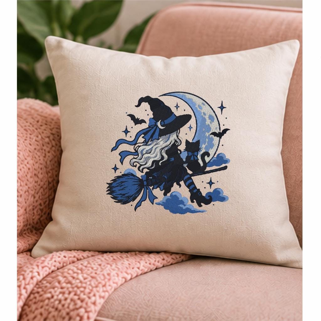Halloween Witch on Broom Machine Embroidery Design, Blue Crescent Moon Black Cat, Gothic Witch PES DST JEF, Instant Download - NuttyHappyHobby