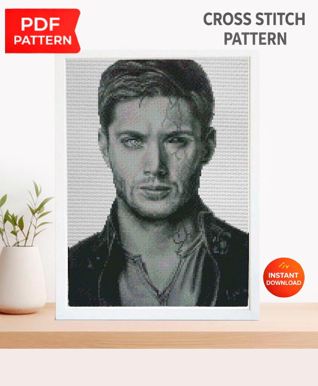 Handsome Hollywood Actor Portrait Cross Stitch Pattern PDF, Realistic Male Celebrity Inspired Embroidery Design, Black White Cinematic Wall - NuttyHappyHobby