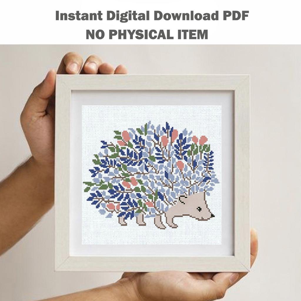 Hedgehog Cross Stitch Pattern PDF Floral Animal Embroidery Cute Woodland Nature Modern Decor Instant Download Gift Idea - NuttyHappyHobby