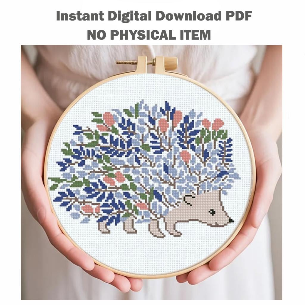 Hedgehog Cross Stitch Pattern PDF Floral Animal Embroidery Cute Woodland Nature Modern Decor Instant Download Gift Idea - NuttyHappyHobby