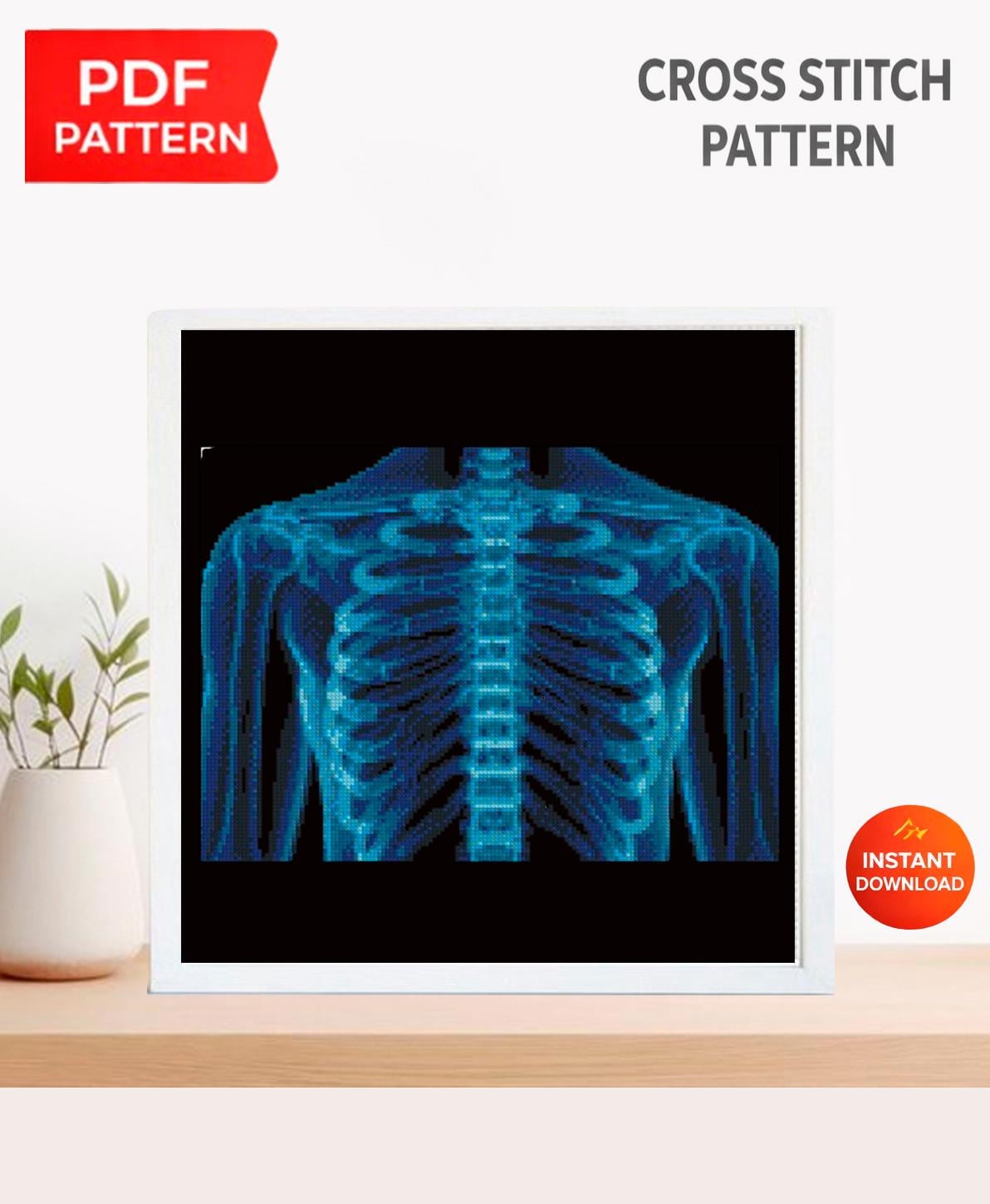 Human Rib Cage X Ray Cross Stitch Pattern PDF, Chest Anatomy Embroidery Design, Medical Skeleton Wall Art Download - NuttyHappyHobby