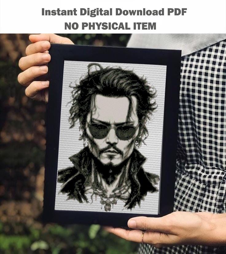 Iconic Hollywood Actor Portrait Cross Stitch Pattern PDF, Dark Charismatic Celebrity Inspired Embroidery Design, Realistic Black and White - NuttyHappyHobby