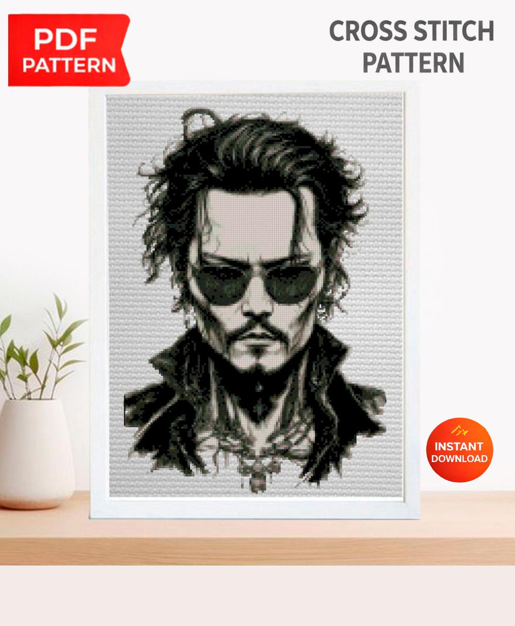 Iconic Hollywood Actor Portrait Cross Stitch Pattern PDF, Dark Charismatic Celebrity Inspired Embroidery Design, Realistic Black and White - NuttyHappyHobby