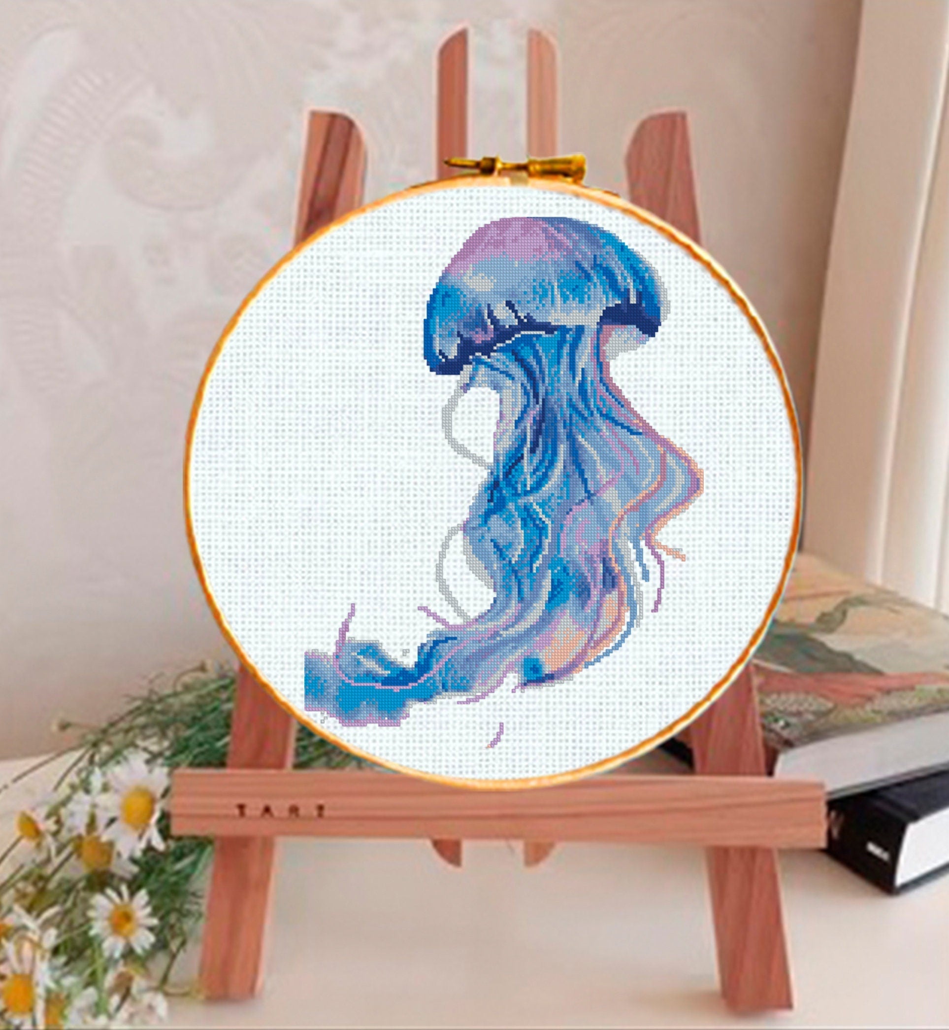 Jellyfish Cross Stitch Pattern PDF, Blue Jellyfish Embroidery Pattern, Ocean Cross Stitch, Marine Life Art, Nautical Decor, download pdf - NuttyHappyHobby
