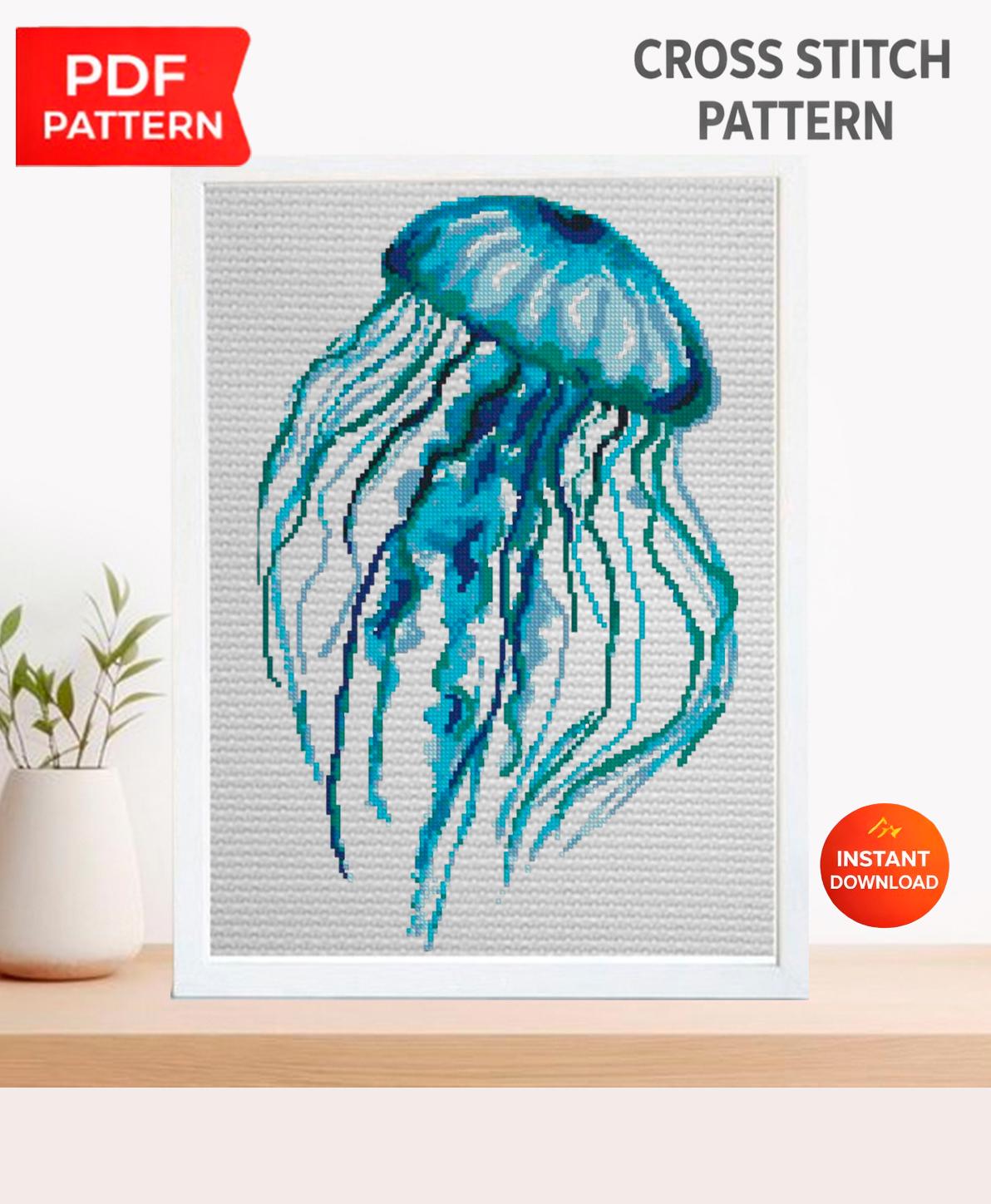Jellyfish Cross Stitch Pattern PDF, Ocean Embroidery Pattern, Sea Life Cross Stitch, Marine Animal Art, Jellyfish Embroidery, Download - NuttyHappyHobby