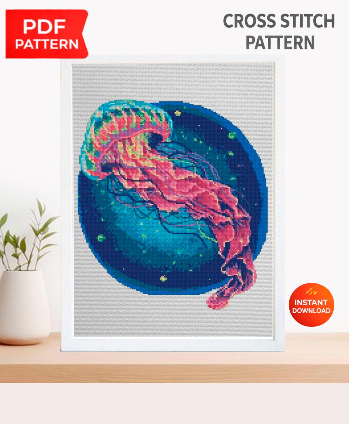 Jellyfish Cross Stitch Pattern PDF, Pink Jellyfish Embroidery Pattern, Ocean Cross Stitch, Marine Life Art, Round Nautical Decor, download - NuttyHappyHobby
