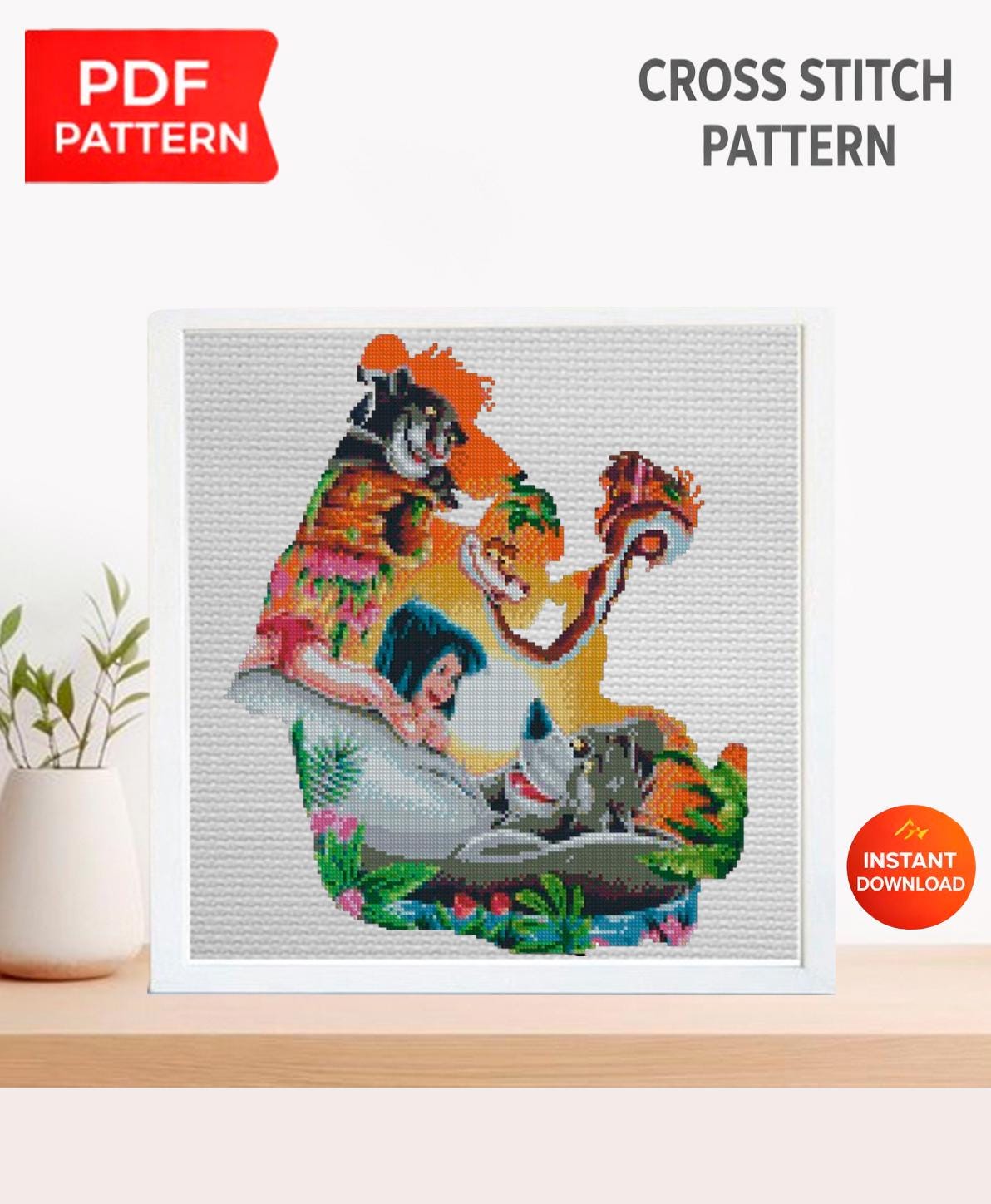 Jungle Book Cross Stitch Pattern PDF, Mowgli Cartoon Embroidery Design, Jungle Animal Needlework Pattern, Disney Inspired Cross Stitch - NuttyHappyHobby