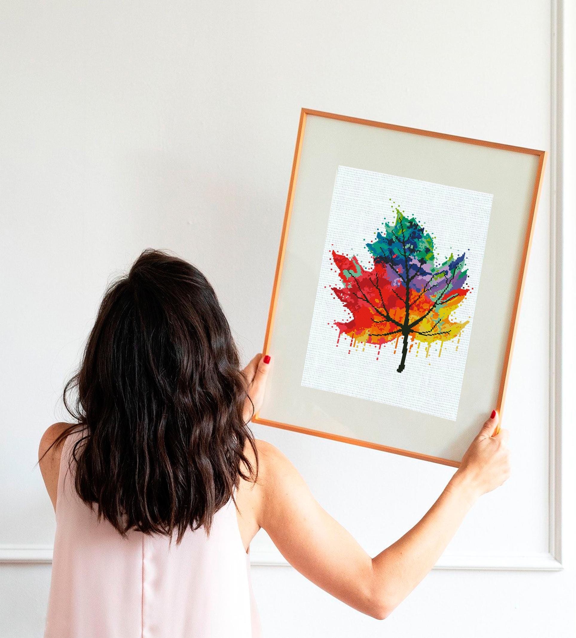 Leaf Cross Stitch Patterns PDF Bundle, Watercolor Autumn Leaves Embroidery Set, Modern Nature Counted Cross Stitch Set Designs Download - NuttyHappyHobby