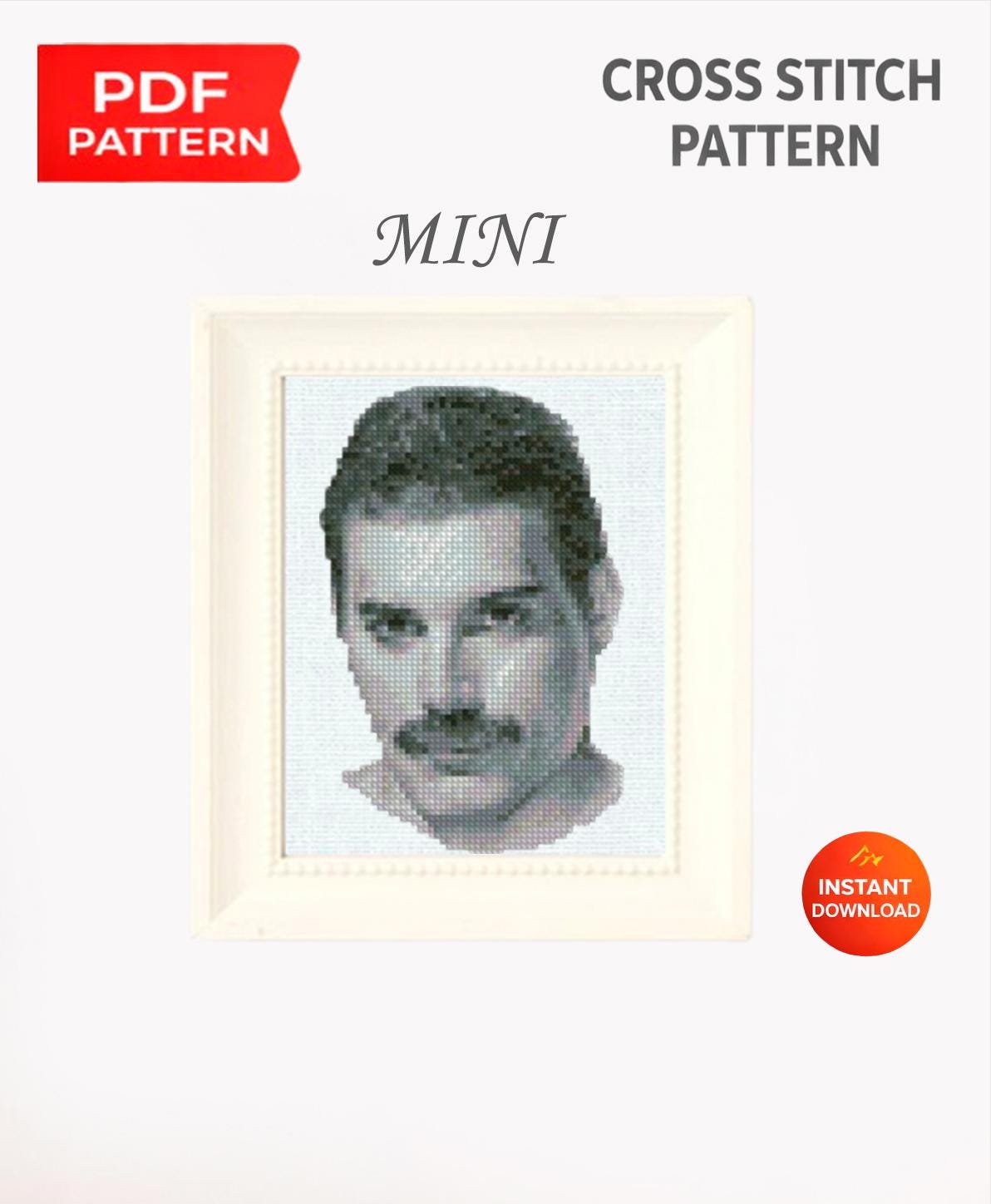Legendary Rock Singer Cross Stitch Pattern PDF, Iconic Mustache Portrait Embroidery Design, Vintage Music Star Wall Art Digital Download - NuttyHappyHobby