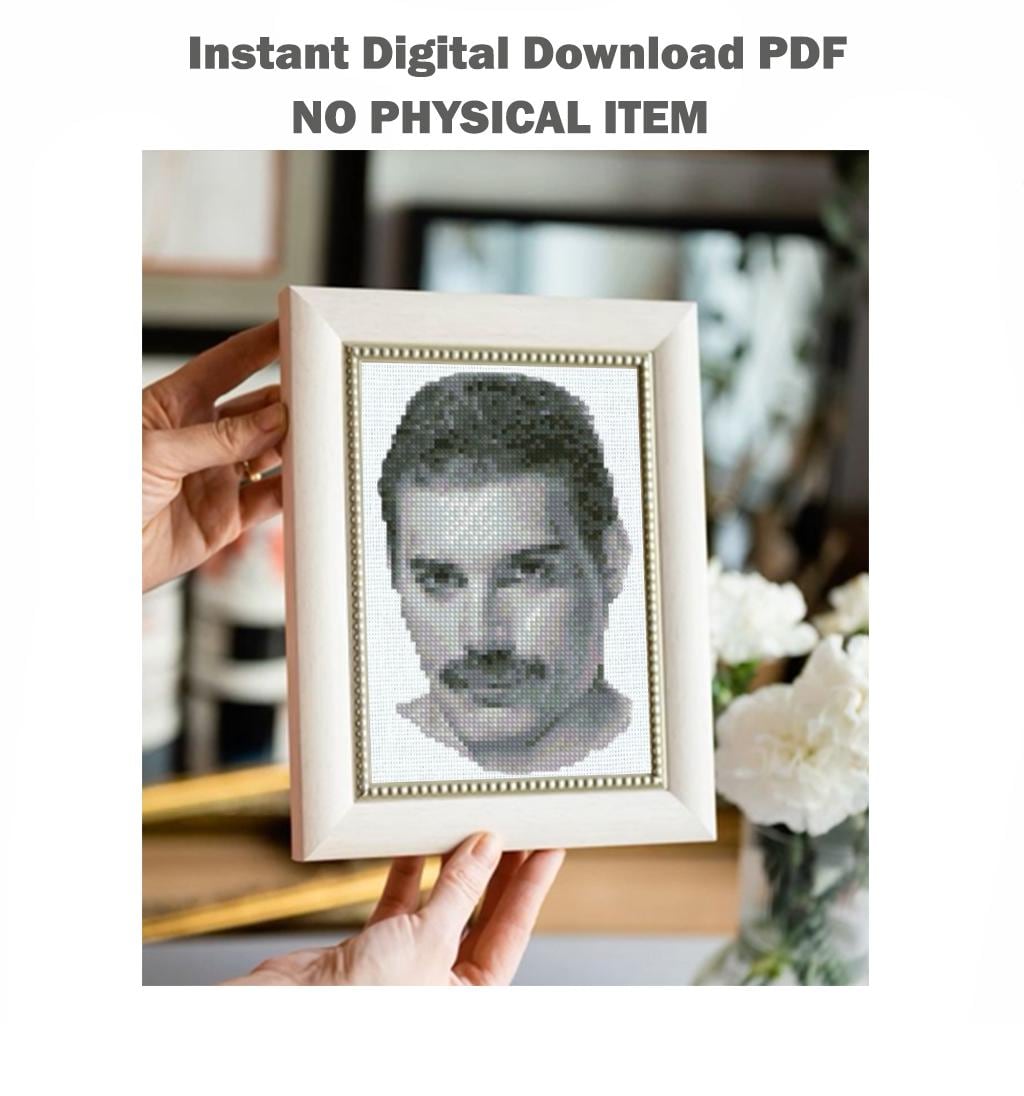 Legendary Rock Singer Cross Stitch Pattern PDF, Iconic Mustache Portrait Embroidery Design, Vintage Music Star Wall Art Digital Download - NuttyHappyHobby