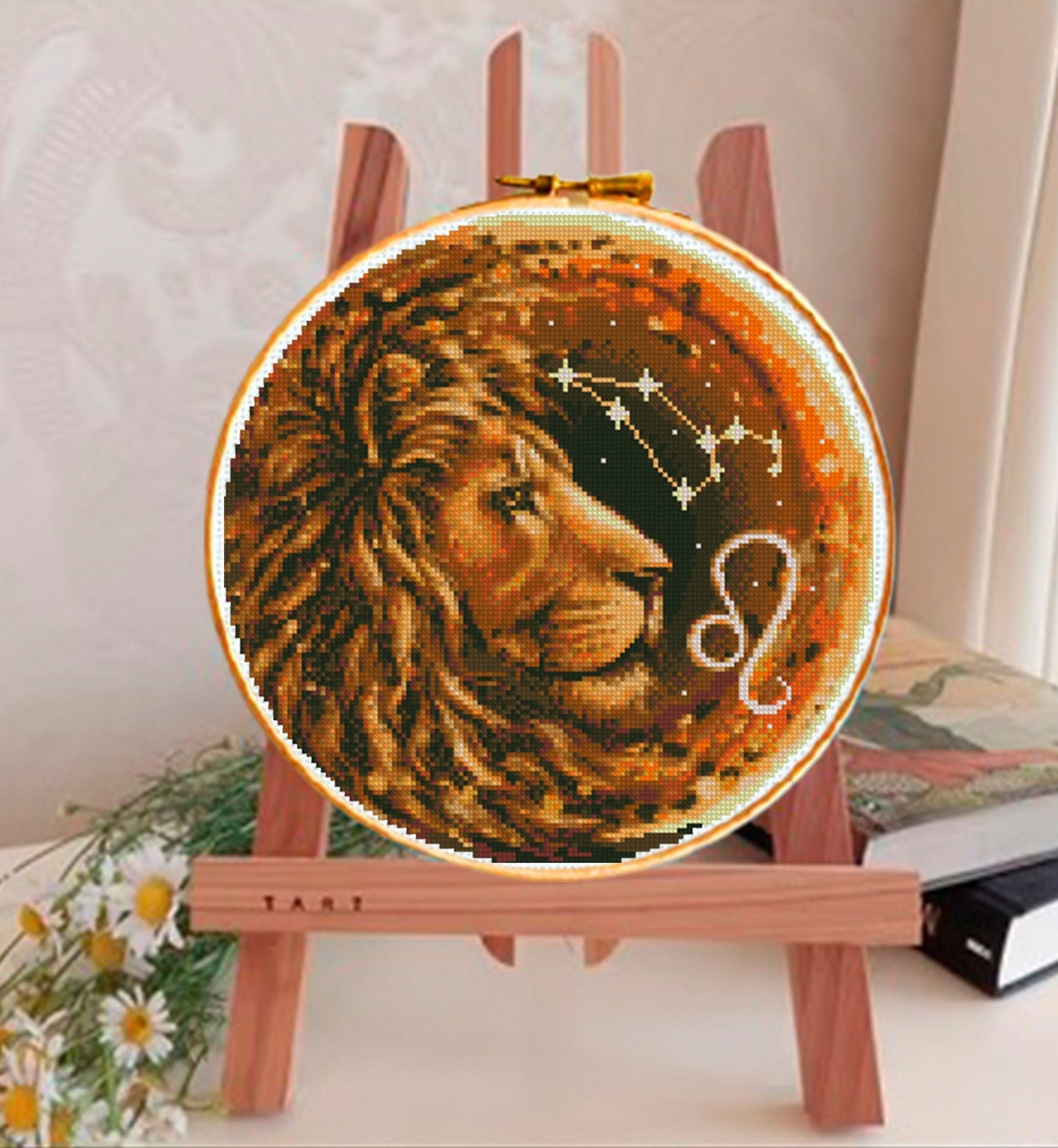 Leo Zodiac Cross Stitch Pattern PDF, Lion Astrology Embroidery Design, Leo Constellation Cross Stitch Chart, Celestial Horoscope Needlework - NuttyHappyHobby